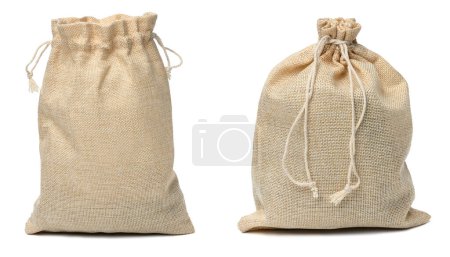 Photo for Full canvas bag tied with rope and isolated on a white background, set - Royalty Free Image