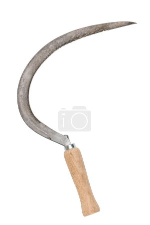 Photo for Sharp sickle with wooden handle isolated on white background - Royalty Free Image