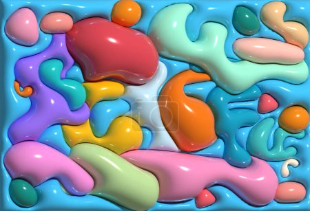 Abstract blue background with various inflated figures, 3D rendering illustration