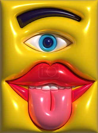 Foto de Lengua rosada que sobresale de la boca con dientes blancos y ojo con ceja, ilustración de representación 3D - Imagen libre de derechos