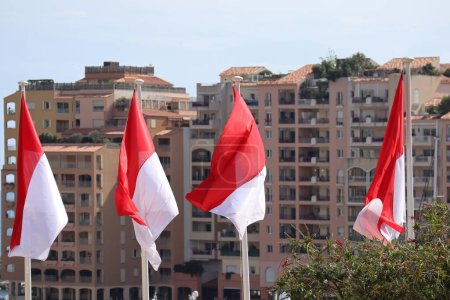 Foto de Banderas de Mónaco con Fontvieille en el fondo - Imagen libre de derechos