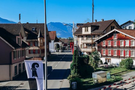 Photo for Alpnachstad, Switzerland - August 9, 2023: Beautiful facades of the Swiss Alpnachstad - Royalty Free Image