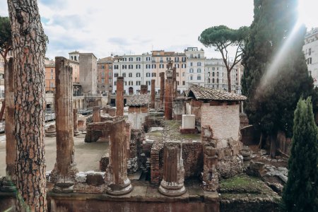 Photo for Rome, Italy - 27.12.2023: Largo di Torre Argentina - a large open space in Rome, Italy, with four Roman Republican temples and the remains of Pompey's Theatre. - Royalty Free Image