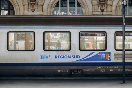 Photo for Nice, France - 6 January, 2024: Regional train TER Region South on the station platform in Nice - Royalty Free Image