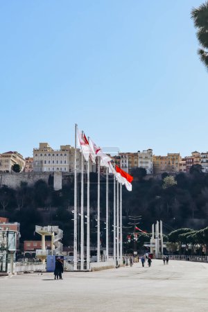 Foto de Mónaco, Mónaco - 20 de enero de 2024: Bandera de Mónaco en Port Hercule - Imagen libre de derechos