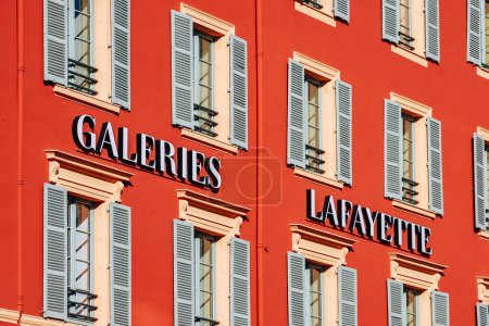 Photo for Nice, France - 1 November 2023: Facade and sign of Galeries Lafayette in the center of Nice - Royalty Free Image