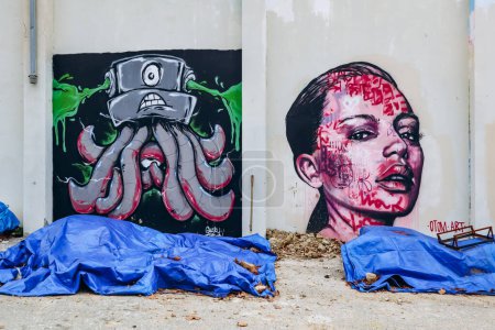 Photo for Nice, France - February 24, 2024: Street art and graffiti in the courtyard of an old slaughterhouse in Nice, which has now been converted into a contemporary art center "109" - Royalty Free Image