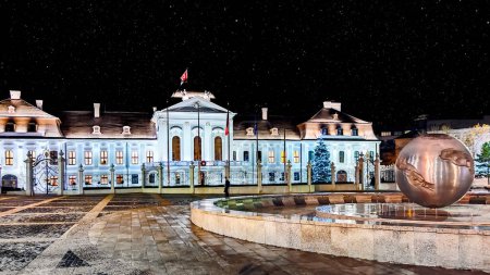 Téléchargez les photos : Bratislava, Slovaquie - 14 décembre 2022 : Fontaine Planète de la Paix en Slovaquie. Vue de nuit. Ciel étoilé - en image libre de droit