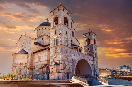 Photo for Cathedral of the Resurrection of Christ, Serbian Orthodox Church in a quiet area of Podgorica at sunset, Montenegro, Balkans, Europe. - Royalty Free Image