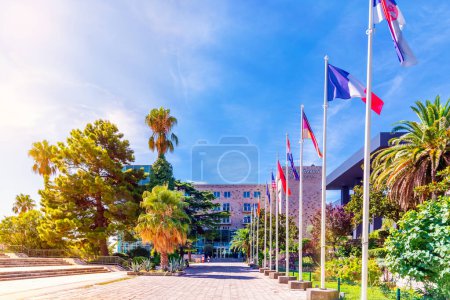 Photo for Budva, Montenegro - August 9, 2023: Flags of European countries, the EU and the USA on the square in Budva. Resort in Montenegro. - Royalty Free Image