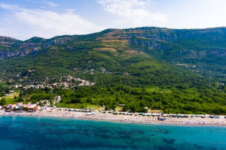 Photo for Montenegro. Coast of the Adriatic Sea. Auto camping on the beach. Summer. Tourist season. Rest on the sea. Drone. Aerial view - Royalty Free Image