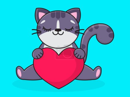 Téléchargez les photos : Un joli chat gris dessin animé tient un cœur rose dans ses pattes. Chat gris sur fond bleu. Illustration vectorielle. - en image libre de droit