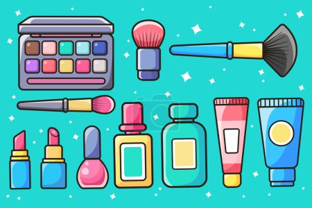 Téléchargez les illustrations : Accessoires de maquillage. Kit de maquillage. Autocollants vectoriels. - en licence libre de droit