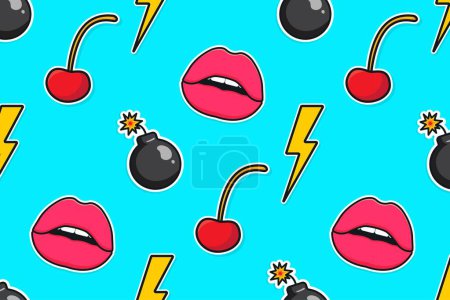 Pattern of pop art elements. Lips and lightning, cherry and bomb. Pop art wallpaper. Vector illustration.
