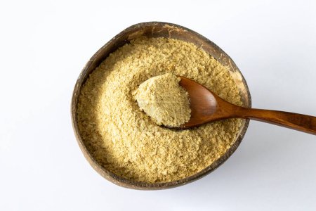 Nutritional yeast inactive. Healthy vegan, vegetarian, superfood concept with high vitamin B1 content, sustainability.
