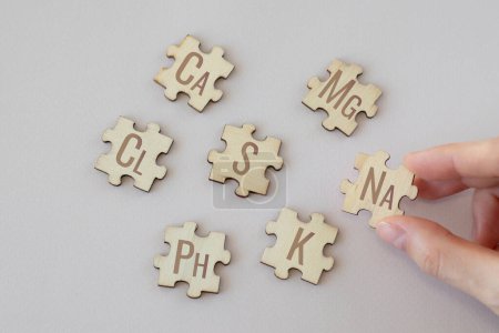 Foto de Conjunto de puzzles etiquetados con los 7 macronutrientes principales sobre un fondo beige. Ca, Mg, Na, Cl, S, Ph, S, K. - Imagen libre de derechos