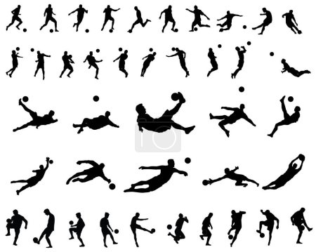 Ilustración de Un conjunto de 40 jugadores de fútbol siluetas recorte contornos, vector icono establece en varias poses - Imagen libre de derechos