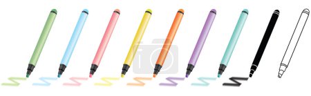 Satz von 9 Textmarker Sharpie Stiften zur Hervorhebung von Text in rosa, gelb, grün, blau, orange, lila, teal, einschließlich schwarzer Silhouettenglyphe und Umrisssymbol isoliert auf weißem Hintergrund