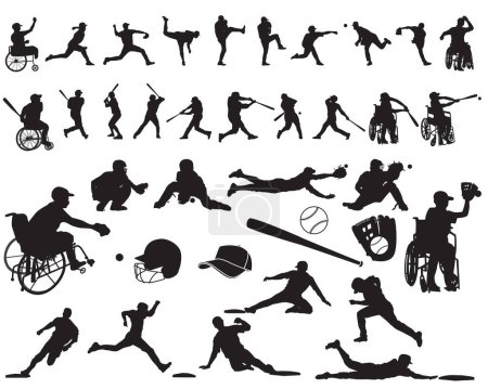 Set of 37 male baseball players with and without disability. Cutout solid icons. Men baseball player silhouettes vector illustration. Wheelchair baseball.