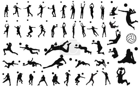 Vector set of 46 female volleyball players with and without disability. Cutout solid icons. Women volleyball player silhouettes. Sitting volleyall.