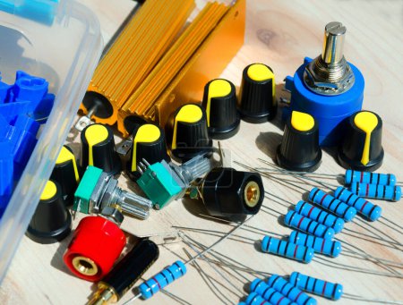 Photo for Radio components for electronic equipment repair, regulators, resistors, connectors. Home workshop - Royalty Free Image