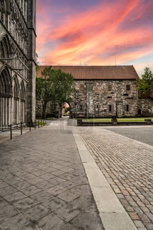 Sunset Glow, Archbishops Palace, Nidaros Cathedral, Trondheim, Norway, evening, sky, warm hues, cobblestone, square, Cathedral, Palace, Norwegian Landmark