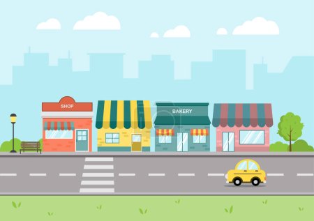City landscape with colorful shops, and stores. Cityscape flat design and urban lifestyle. Vector Illustration.