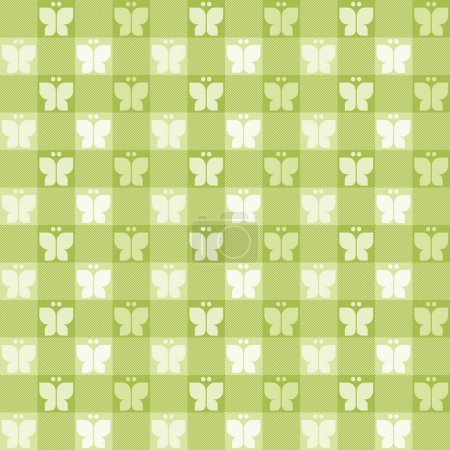 Téléchargez les photos : Motifs géométriques abstraits sans couture avec des formes à carreaux pixel et papillon de couleurs vertes et blanches sur un fond de grille carrés. Illustration vectorielle. - en image libre de droit