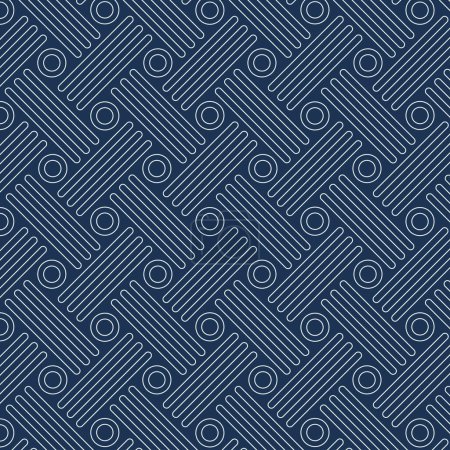 Téléchargez les photos : Modèle abstrait géométrique sans couture avec des lignes blanches et des formes de cercle sur fond bleu foncé. Conception graphique en diagonale pour l'impression textile et tissu. Illustration vectorielle. - en image libre de droit