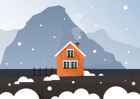Foto de Una pequeña casa de color naranja brillante se encuentra en la nieve y detrás de las montañas azules - Imagen libre de derechos