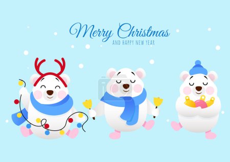 Foto de Tres diferentes osos polares lindos sonríen vestidos con decoraciones festivas y le desean una Feliz Navidad y un Feliz Año Nuevo - Imagen libre de derechos