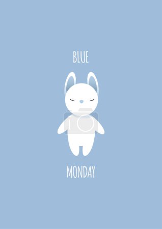 Illustration for A sad white bunny with closed eyes lies on a blue background on a blue monday - Royalty Free Image