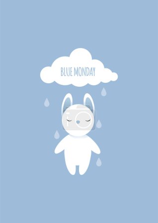 Foto de Un triste conejo blanco bajo gotas de lluvia de una nube es triste en un lunes azul - Imagen libre de derechos