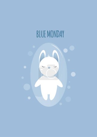 Illustration for Cute sad white rabbit in a transparent capsule on a blue monday day - Royalty Free Image