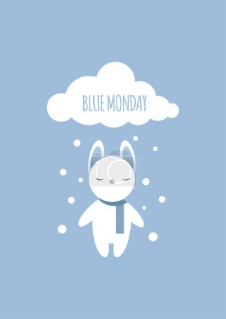 Illustration for A white sad rabbit with closed eyes stands under a cloud of bark it is snowing on a blue Monday - Royalty Free Image