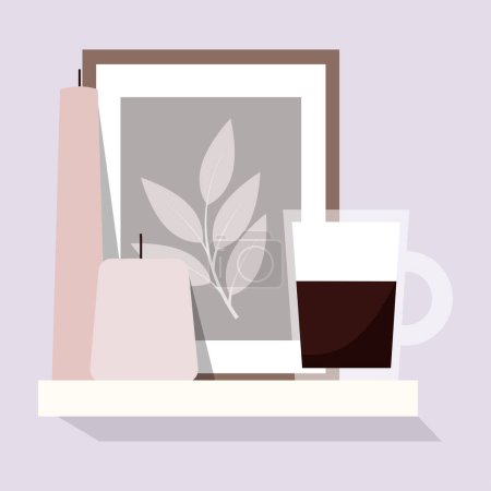 Foto de Un marco marrón con una ilustración de hojas blancas, una taza de café transparente y dos velas rosadas se colocan en un estante blanco en un estilo acogedor - Imagen libre de derechos