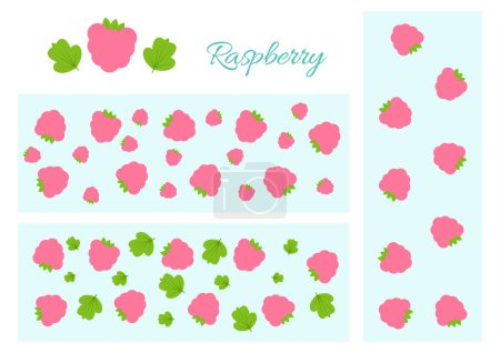 Foto de Pattern of pink simple raspberries with green leaves on a blue background - Imagen libre de derechos