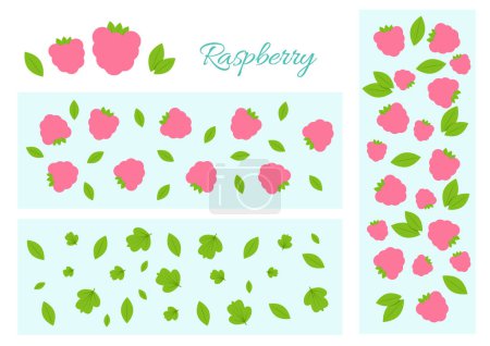 Foto de Set of different patterns of pink raspberries, green leaves on a blue background - Imagen libre de derechos