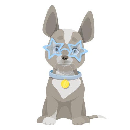 Foto de Lindo perro se sienta en azul gafas estrellas - Imagen libre de derechos