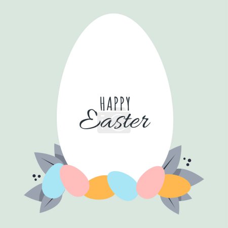 Foto de Huevo blanco con la inscripción feliz Pascua y pequeños huevos de colores con hojas - Imagen libre de derechos