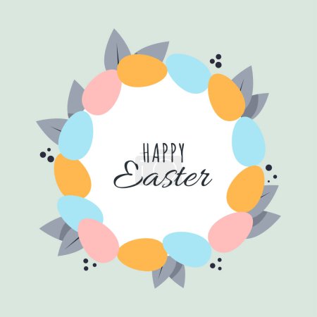 Foto de Easter wreath with multi-colored eggs and leaves and the inscription Happy Easter - Imagen libre de derechos