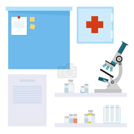 Foto de Set of microscope, whiteboard, medical poster and first aid kit - Imagen libre de derechos