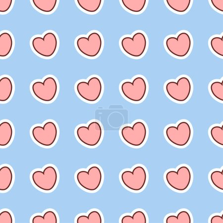 Illustration for Seamless cute kawaii pattern of pink hearts on blue background - Royalty Free Image