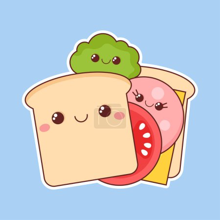 Foto de Sandwich de pan, salchicha, queso y ensalada al estilo kawaii - Imagen libre de derechos