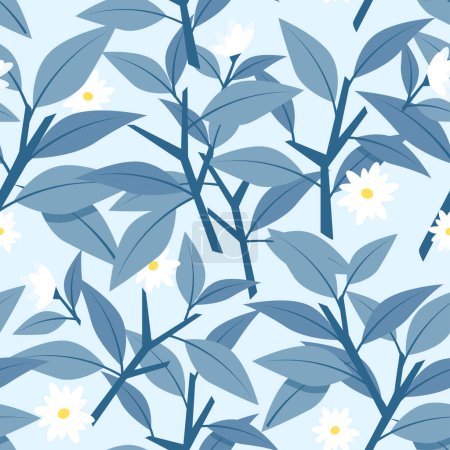 Foto de Patrón retro sin costuras de hojas azules con ramas y pequeñas flores blancas - Imagen libre de derechos