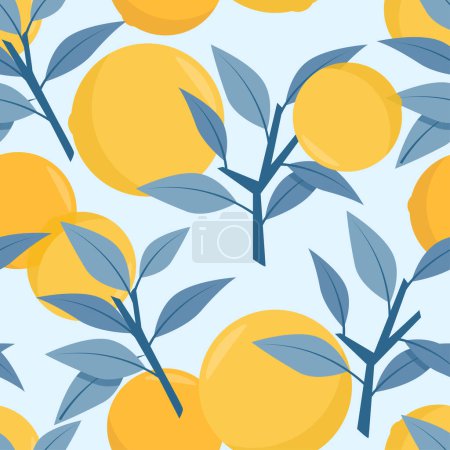 Foto de Patrón sin costuras de naranjas jugosas y ramas azules con hojas - Imagen libre de derechos