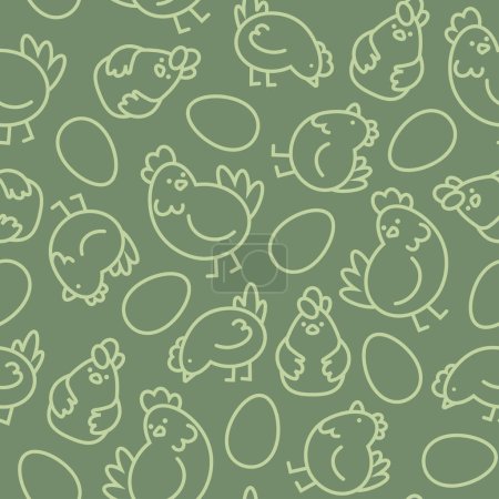 Téléchargez les illustrations : Pâques vert motif sans couture de poulets linéaires et les œufs - en licence libre de droit