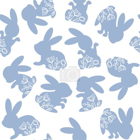 Foto de Lindos conejitos de Pascua azules con flores en un patrón sin costuras - Imagen libre de derechos