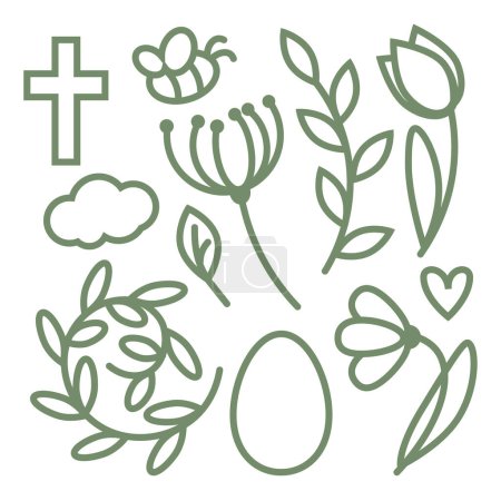 Easter set of religious linear illustrations of flowers and Easter eggs