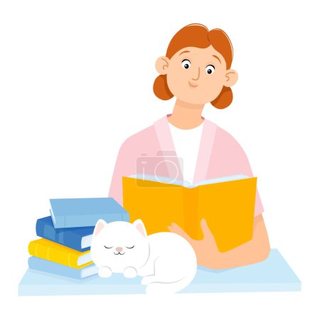 Foto de Linda joven sentada a la mesa leyendo un libro con un gato - Imagen libre de derechos